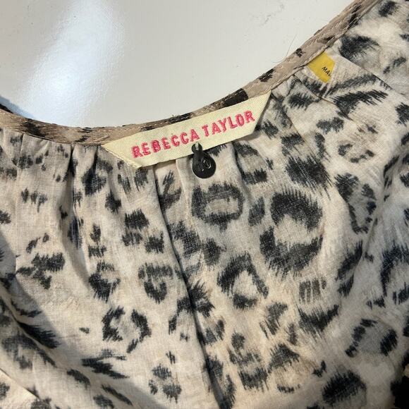 Rebecca Taylor Tan Brown Leopard 3/4 Sleeve Tie Neck Top Size 10 - Picture 3 of 4